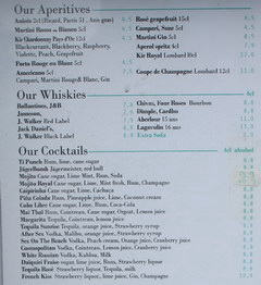 Prices at Paris bars, menu of a bar in a restaurant